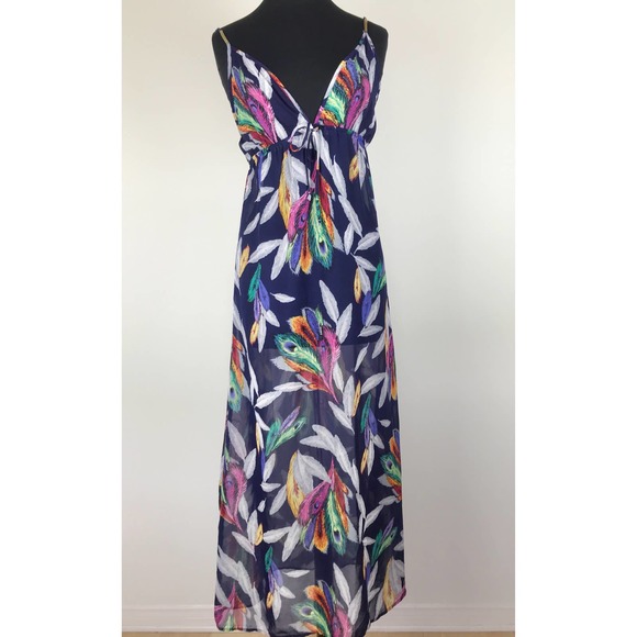 Miken Feather Print Sheer Maxi Dress Size Small - Picture 1 of 8
